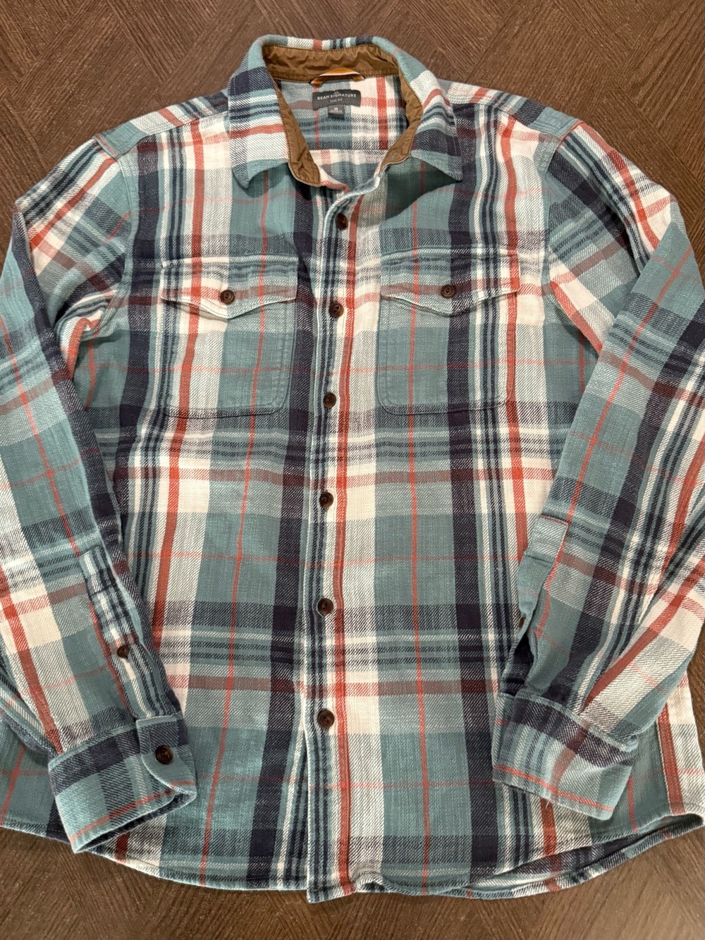 L.L. Bean Signature Women's Teal, Navy and White Plaid Button-Down Flannel Shirt